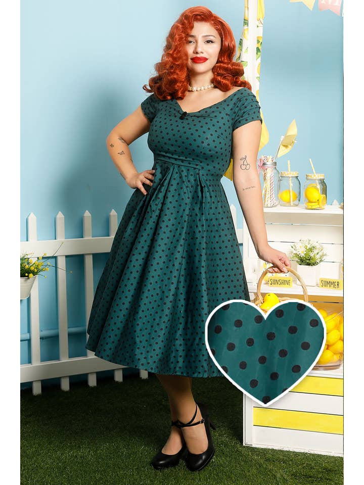 Dolly & Dotty - Wholesale Dress - Women's - 50s-Style Off Shoulder Polka Dot Swing Dress in Olive Green