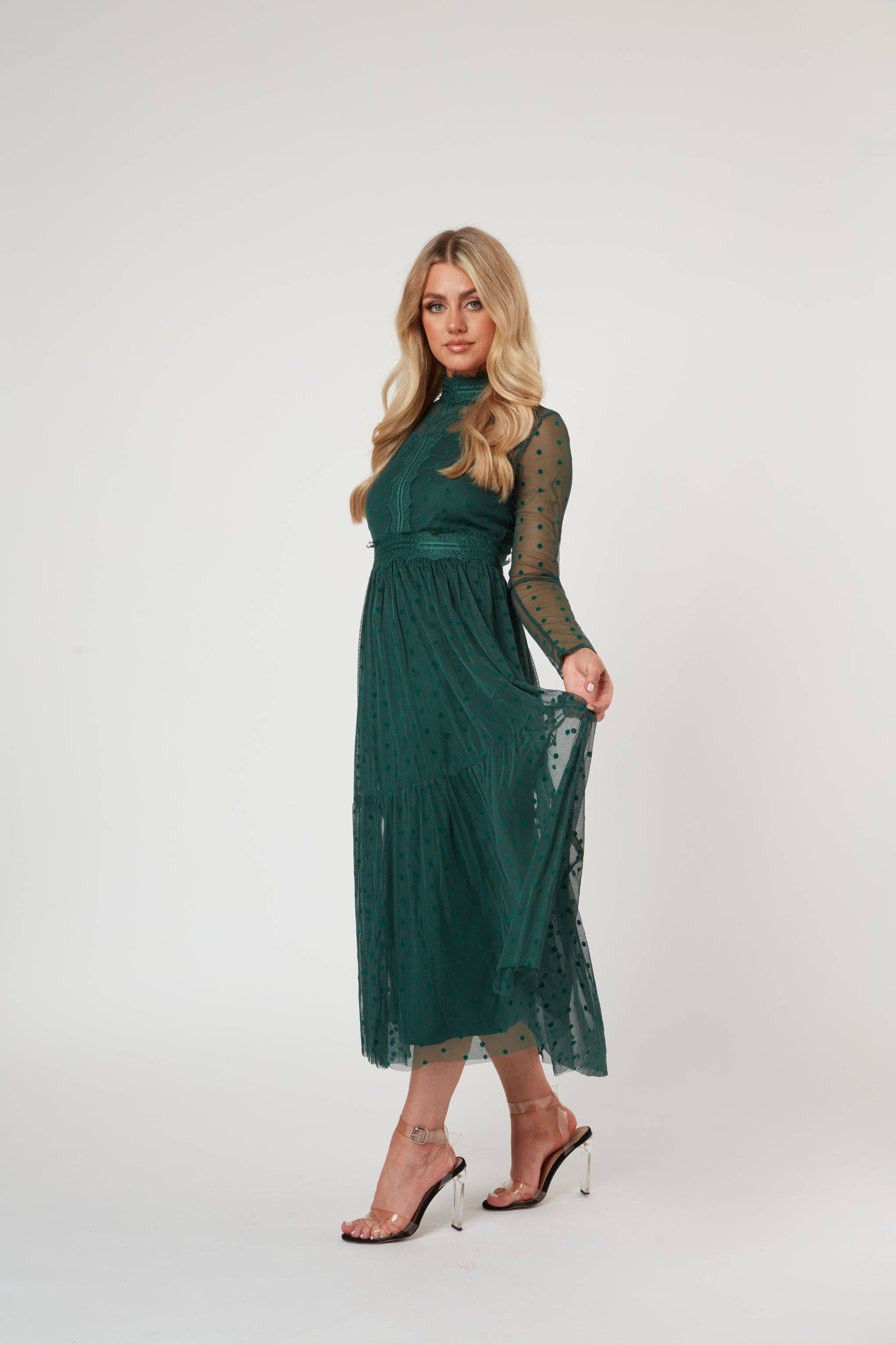 Roman Lola Polka Dot Tulle Midi Dress in Green for wholesale on Faire4