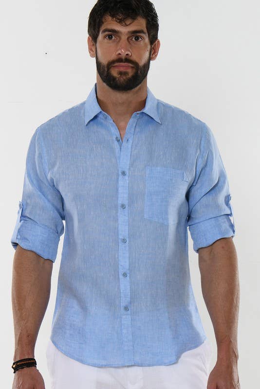Azucar & Bohio - Vente Chemise à col boutonné – homme - Chemise en lin 100 % à manches longues retroussables, douce au toucher6