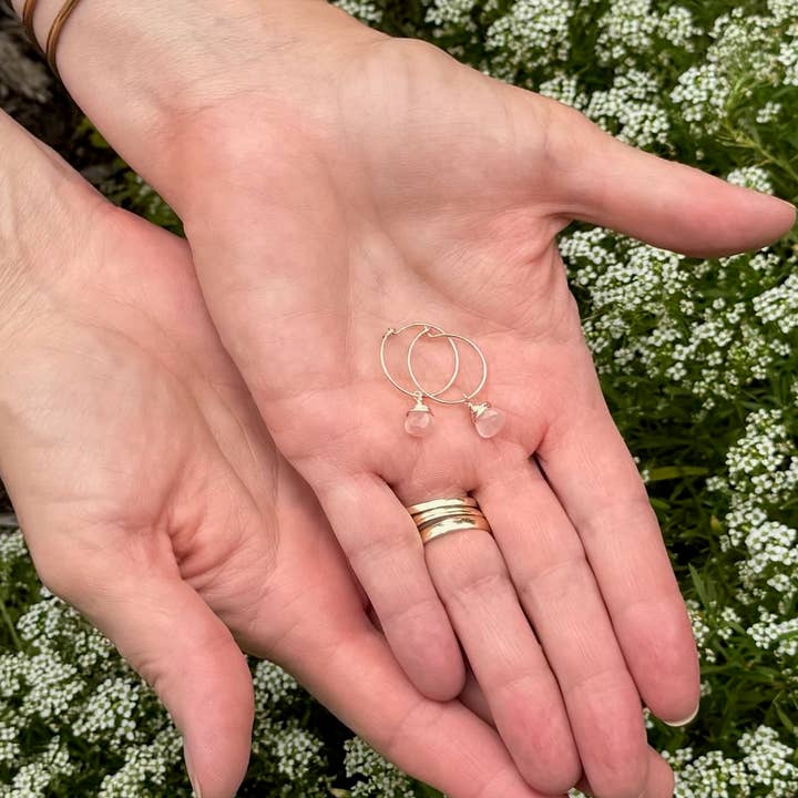 Forai - Wholesale Dangle Earrings - Rose Quartz Charm Mini Hoop Earrings in 14k Gold Filled4