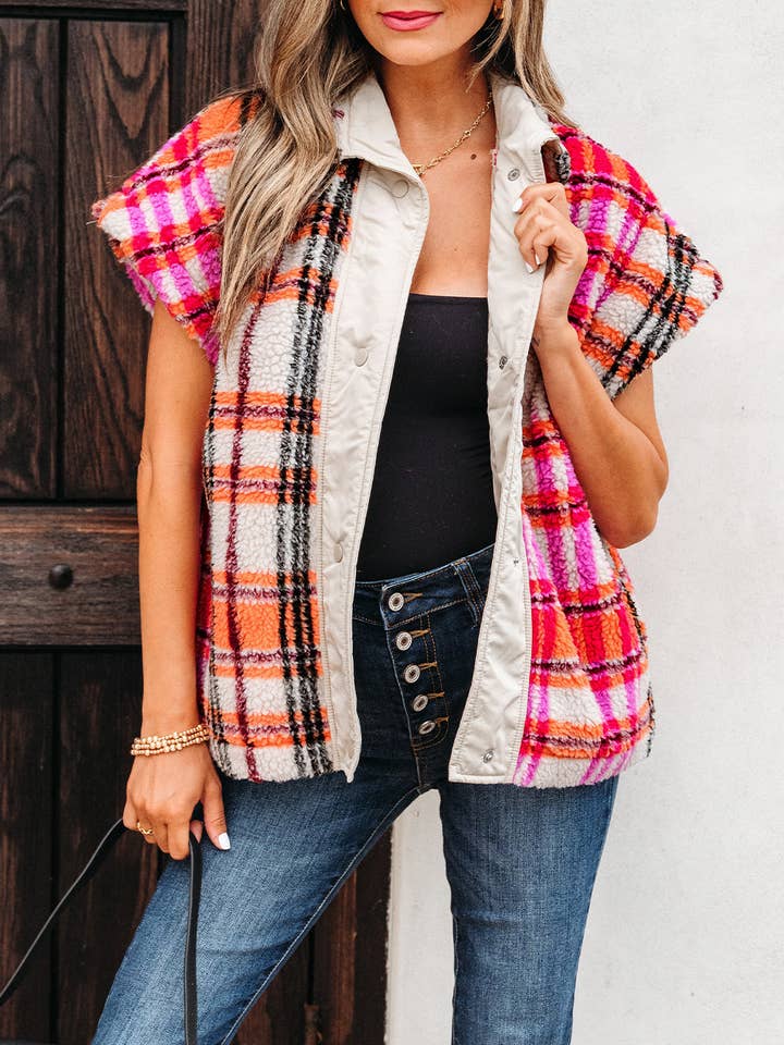 Rose Plaid Sherpa Buttoned Jacket Vest for wholesale on Faire0