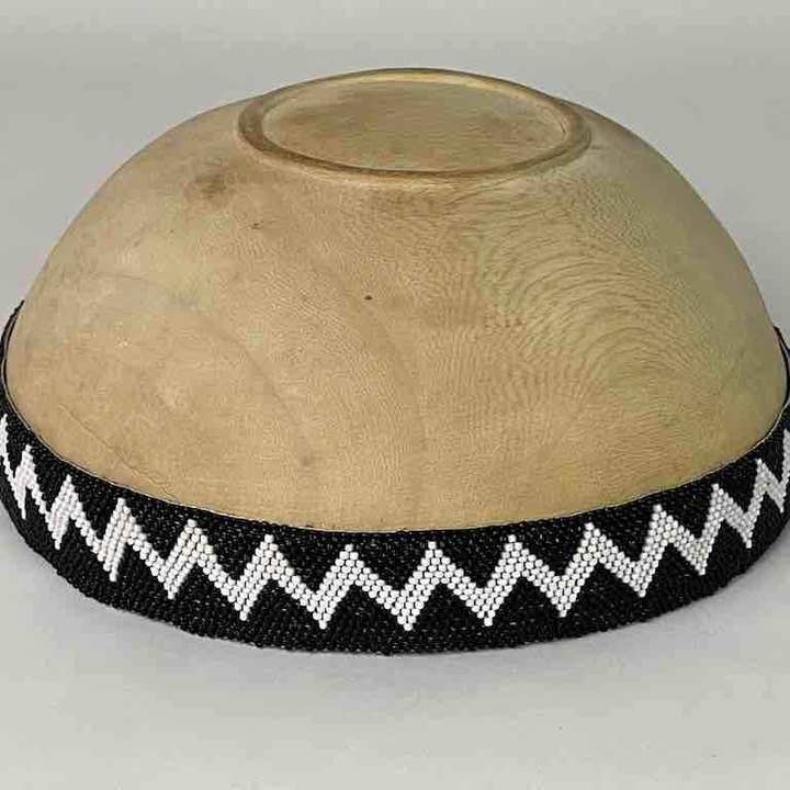 The Niger Bend - Vente Assiettes/plats/bols de décoration - Bol en bois clair noir & blanc bord perlé « Imbehe » Rwanda | 10"5