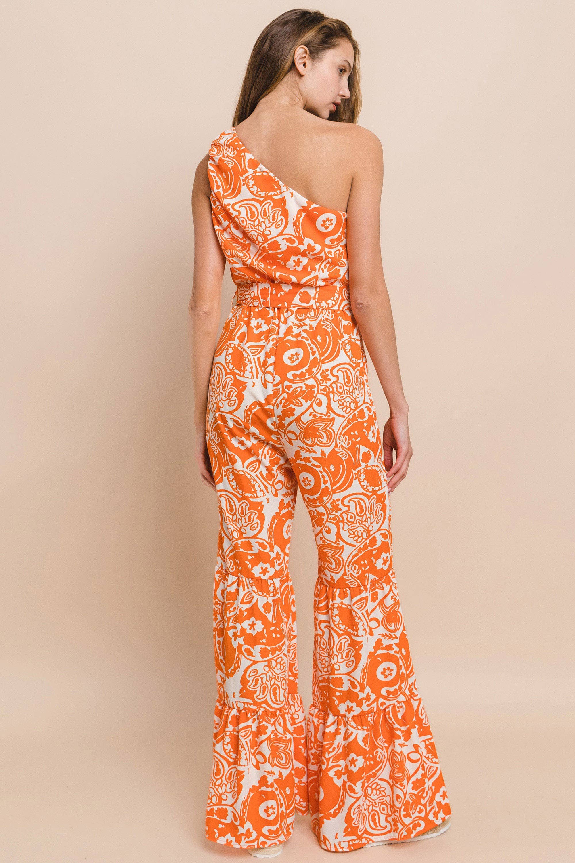 ONE SHOULDER PRINTED JUMPSUIT -  4339RB ORANGE for wholesale on Faire3