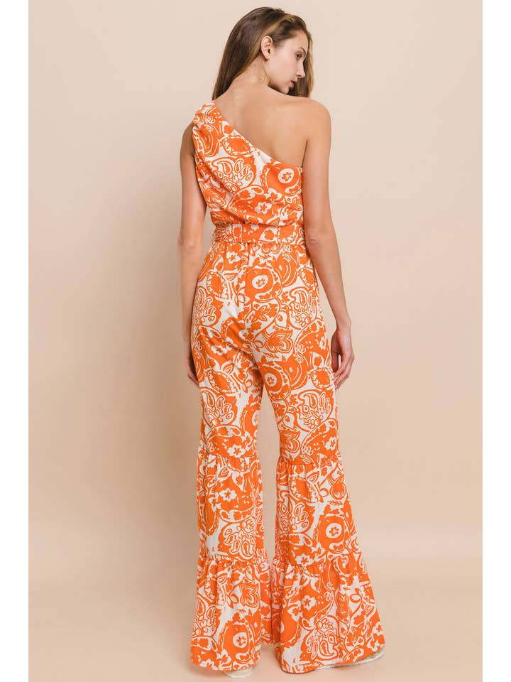 ONE SHOULDER PRINTED JUMPSUIT -  4339RB ORANGE for wholesale on Faire3