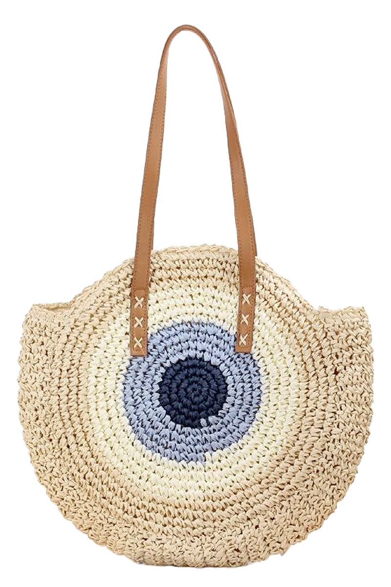Cap Zone - Wholesale Beach Bag - Boho Evil Eye Rattan Wicker Round Beach Tote Bag12