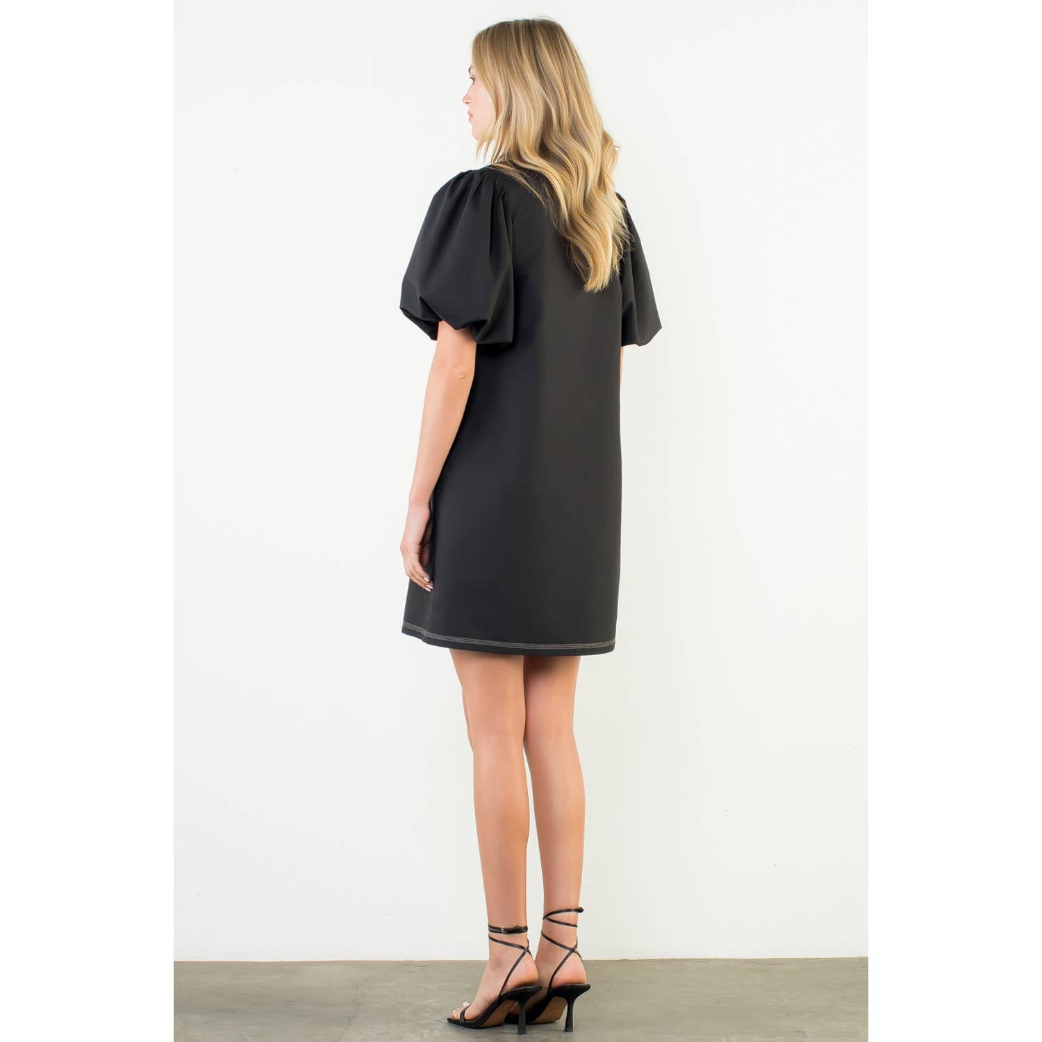 BLACK Puff Sleeve Embroidered Textured Dress for wholesale on Faire4