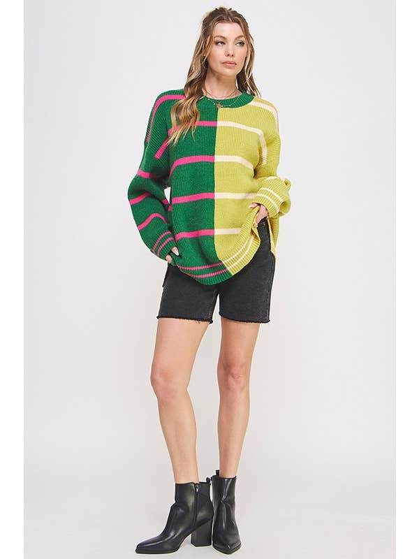 JADE BY JANE - Wholesale Tunic Sweater - Women's - LONG SLEEVE ROUND NECK STRIPED COLOR BLOCK SWEATER