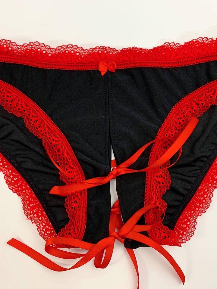 Black and red lace untie me crotchless panties for wholesale by Annmarie Kahn