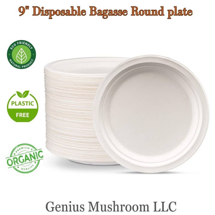 GeniusMushroom - Wholesale Disposable plate - Disposable 9 inches Round Bagasse plates- 1000/Pack1