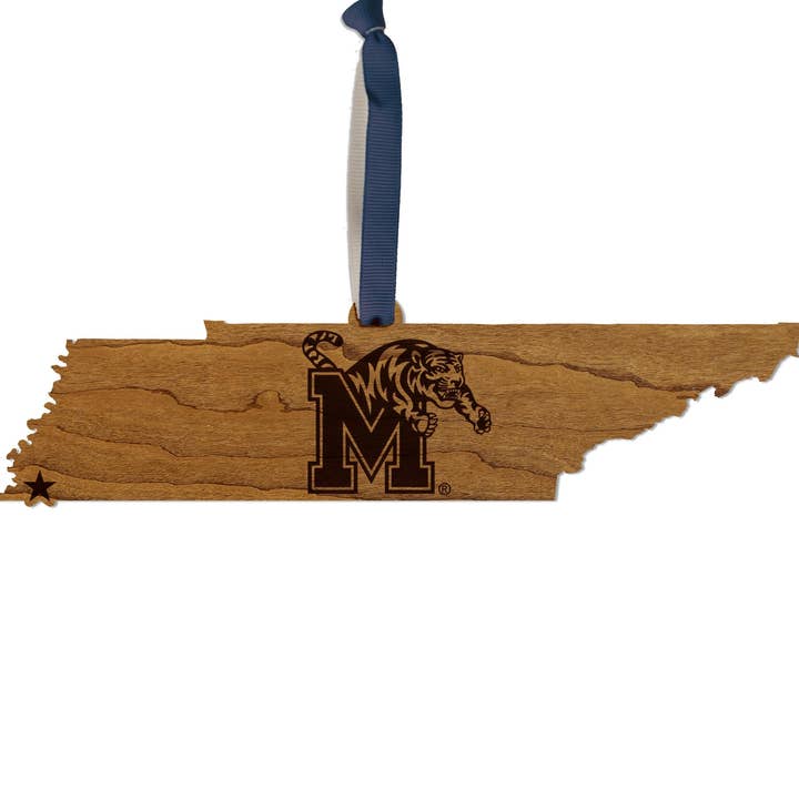 University of Memphis Block M on State Ornament – Crafted from Cherry and Maple Wood – Memphis Tigers for wholesale by LazerEdge
