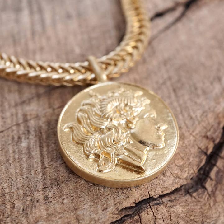 PennyLine inc - Wholesale Pendant/Charm Necklace - Coin Statement Chain Necklace in Worn Gold Tone