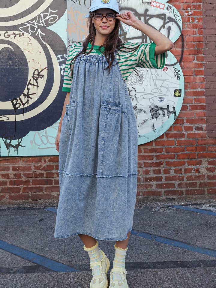 ND32070-Mineral Washed Denim Overall Casual Midi Dress for wholesale by VERY J