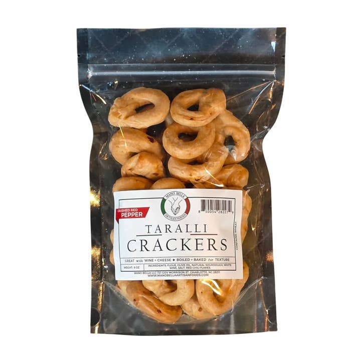 Taralli-Cracker mit roten Chiliflocken 8 oz. für den Großhandel von Mano Bella Artisan Foods