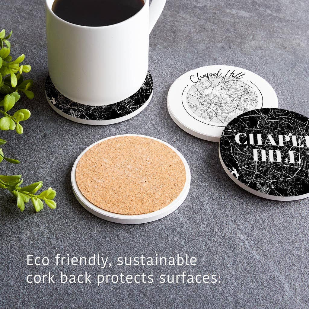 Love Local - Wholesale Coasters - Minimalistic B&W North Carolina Chapel Hill Maps | Absorbent Coasters | Set of 4 | Min 24