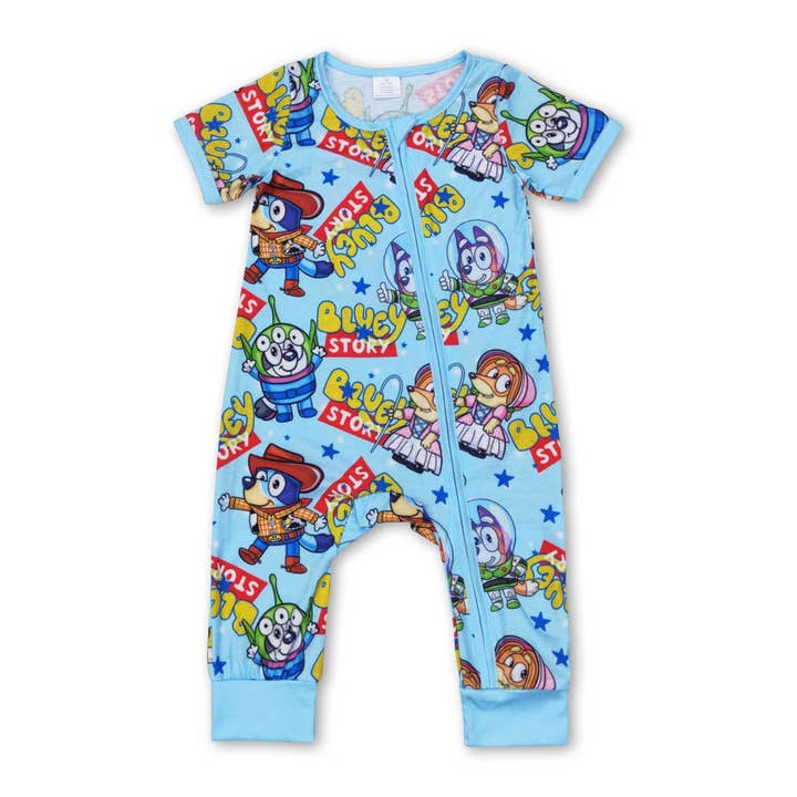 Jouet bleu à manches courtes pour chien, barboteuse zippée en bambou pour bébé garçon pour la vente par Yawoo Garments