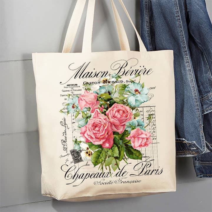 Avery Lane Gifts - Wholesale Tote Bag - Women's - Vintage French Garden Roses Paris 12 oz Canvas Tote Bag