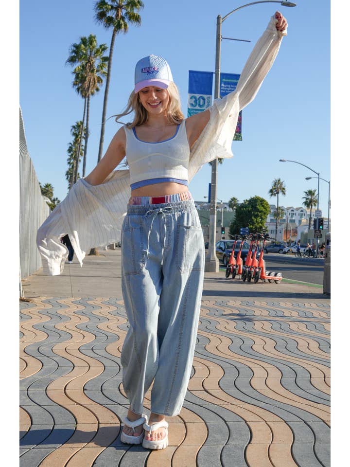 NP70739-Washed Chambray Barrel Denim Pants for wholesale on Faire