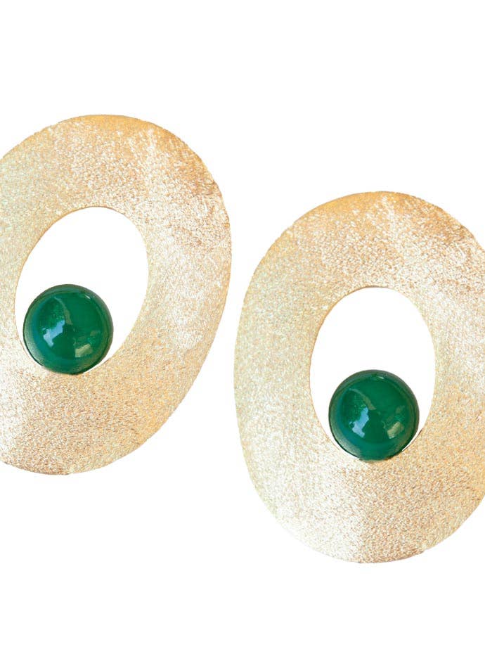 Green Onyx Oval Goldplated Silver Earrings for wholesale by Negar Shams