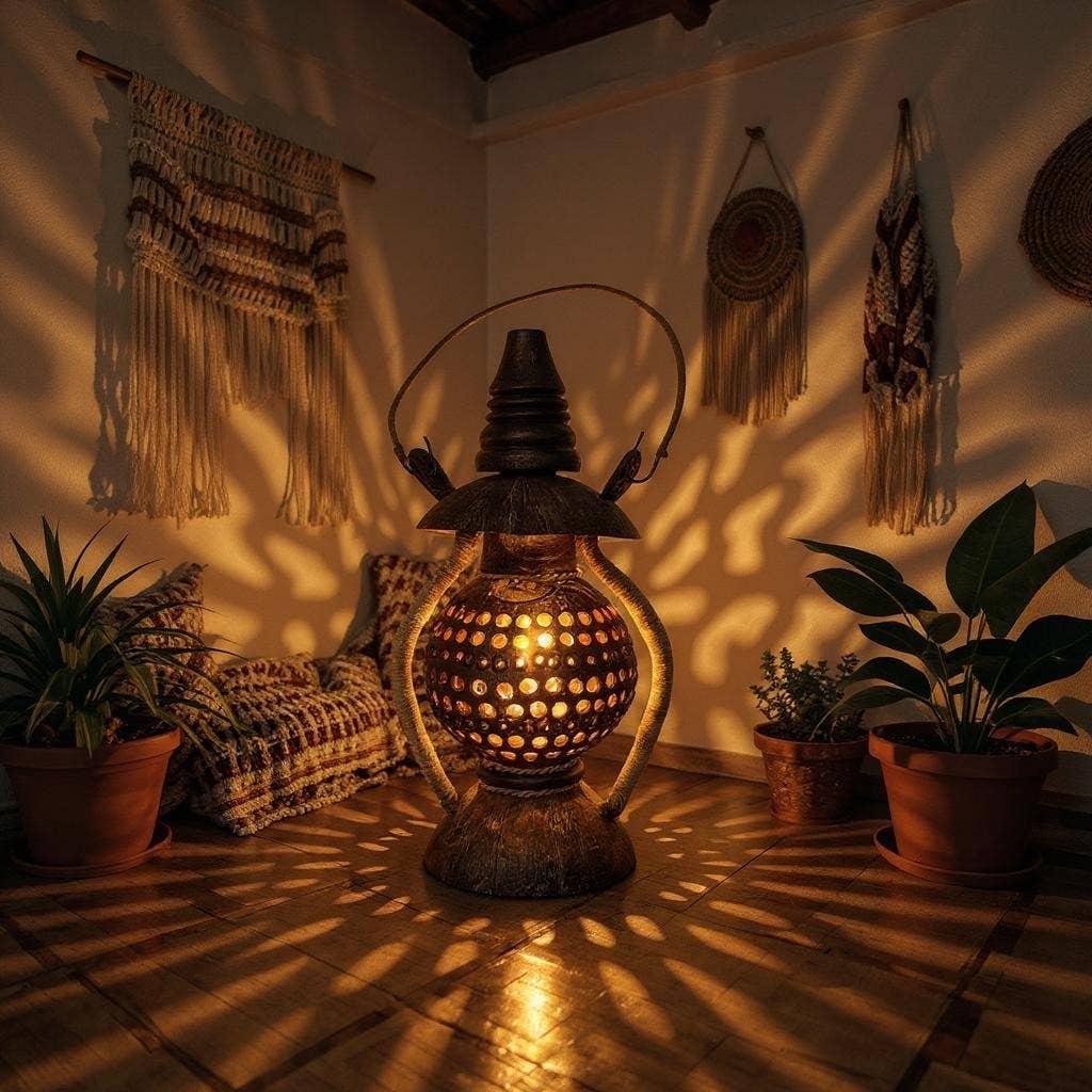 Handicraft Heaven - Vente Lampes d'appoint/de bureau - Lampe Lanterne en Coquille de Noix de Coco Faite à la Main – Décor Bohème Rustique3