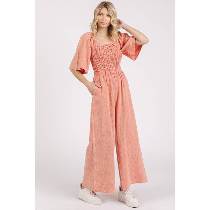 mittoshop - Wholesale Jumpsuit - Women's - MINERAL WASH GAUZE RUCHED WIDE LEG JUMPSUIT