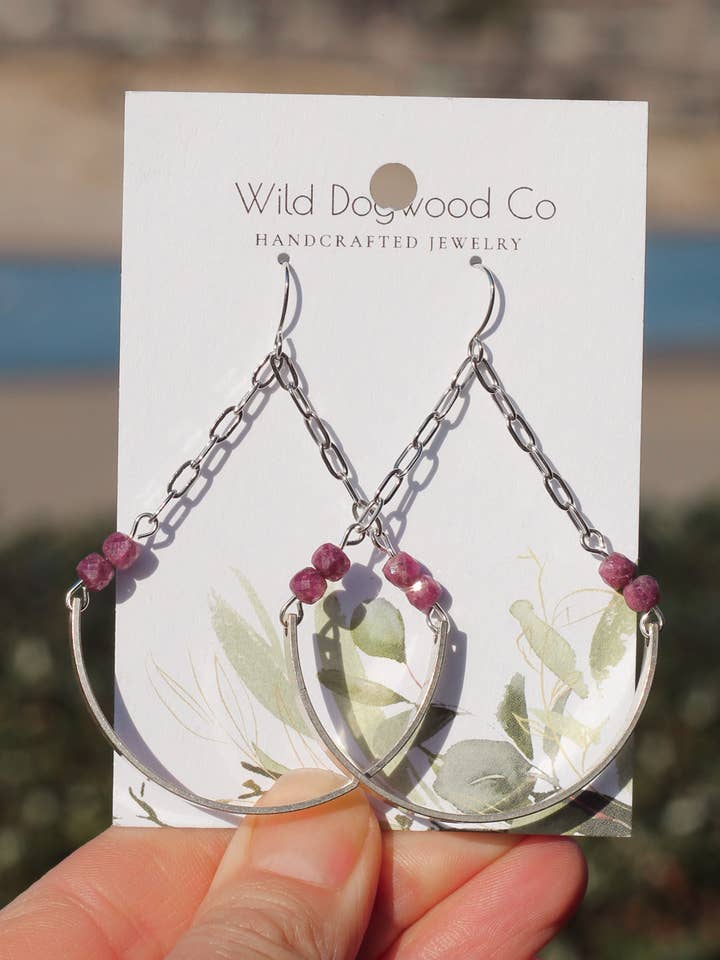 Silver u shape earrings with pink beads and chain for wholesale by Wild Dogwood Co