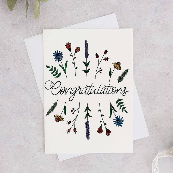 Cute Flower Congratulations Greeting Card for wholesale by Wild Juniper Art Studio