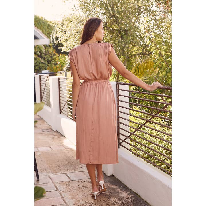 in february - Wholesale Dress - Women's - SHOULDER RUCHED SLEEVELESS MIDI DRESS