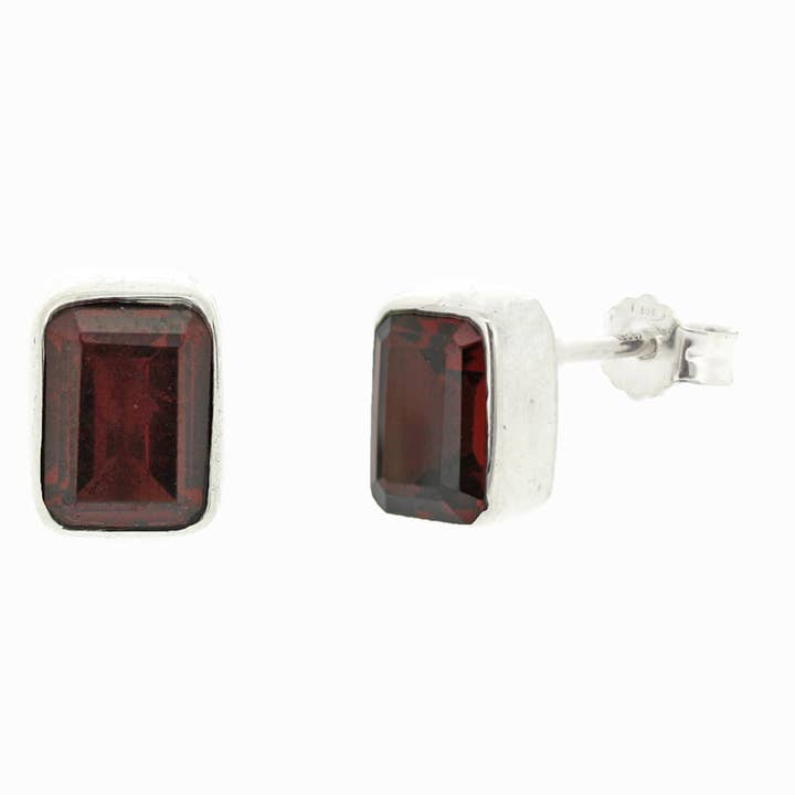 Garnet Faceted Rectangle Stud Earrings with Presentation Box for wholesale by Nova Silver