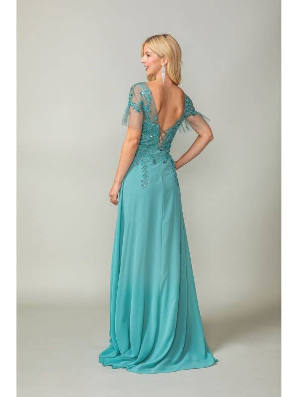 Dancing Queen Dress - Wholesale Gown - Women's - Flutter Sleeve Gown with Embroidered Applique3