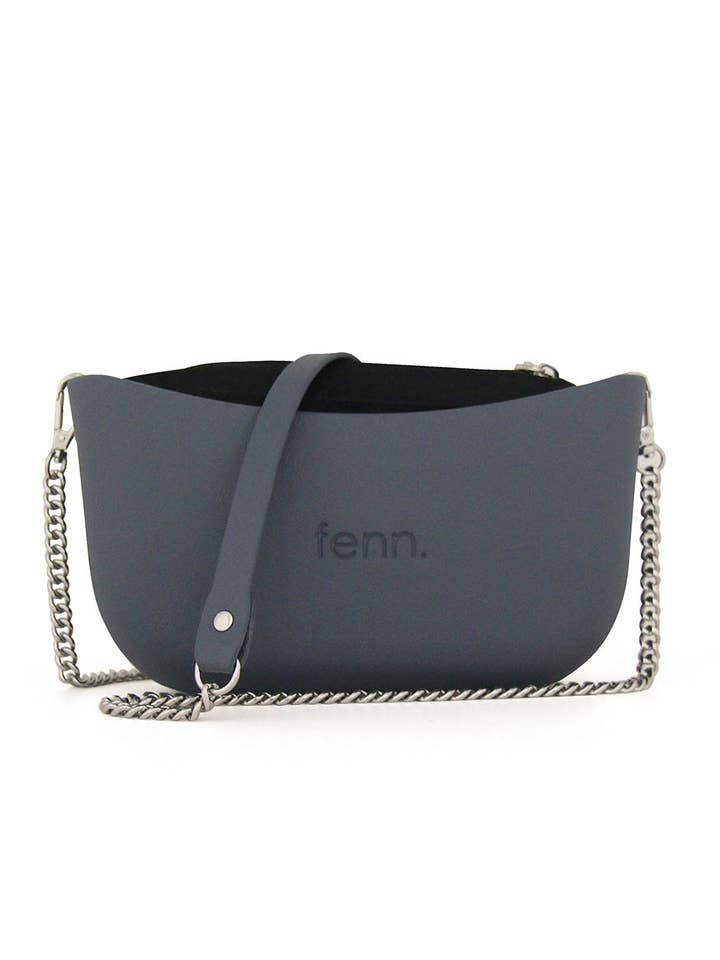 Classic DENIM BLUE with black canvas inner and denim blue & silver chain strap for wholesale by Fenn Collection UK