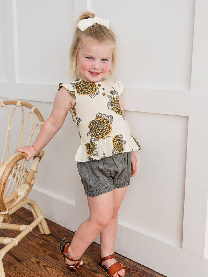 Yo Baby - Wholesale Top & Short Set - Baby - Mustard & Grey Floral Print Sleeve Ruffled Top & Black Chambray : Infant : Baby