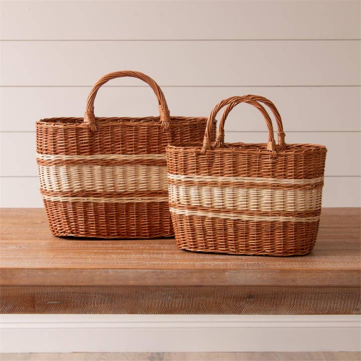 Audrey's Home & Gift - Wholesale Basket - Tan And Cream Striped Wicker Baskets (Set Of 02)