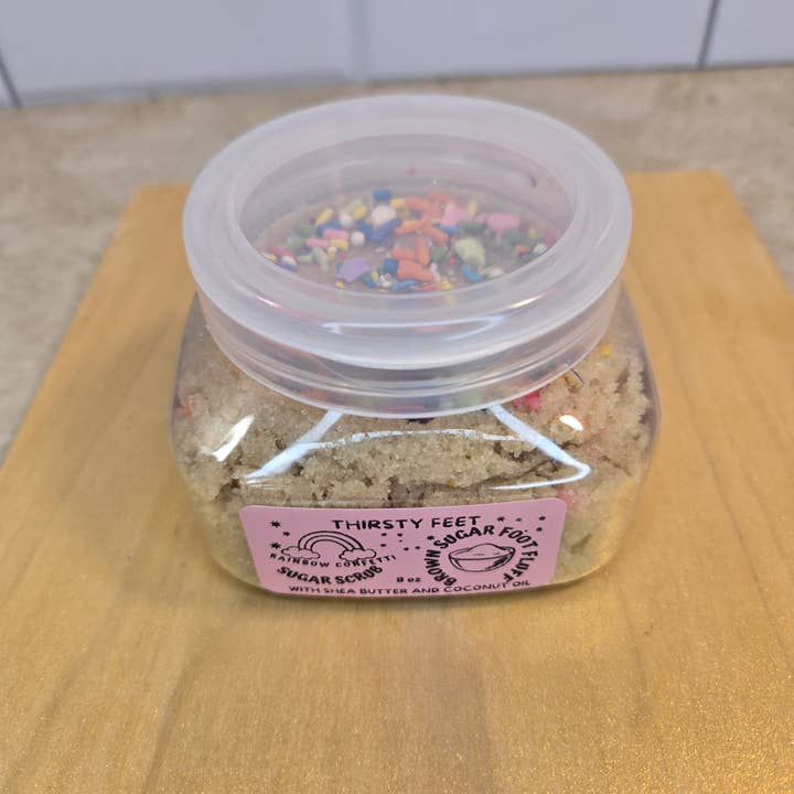 THIRSTY FEET™️ – wholesale Foot scrub/polish – Rainbow Confetti Brown Sugar Foot Fluff Sugar Scrub 8 oz Jar9
