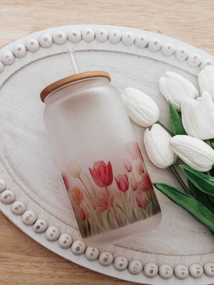 Spring Tulips 16oz Glass Cup with Bamboo Lid for wholesale by Emma K Designs