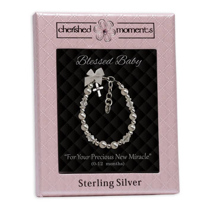 Cherished Moments - Venta al por mayor Pulseras de abalorios/colgantes - Pulsera de perlas plateadas con cruz para bautizo o regalo de bautizo1