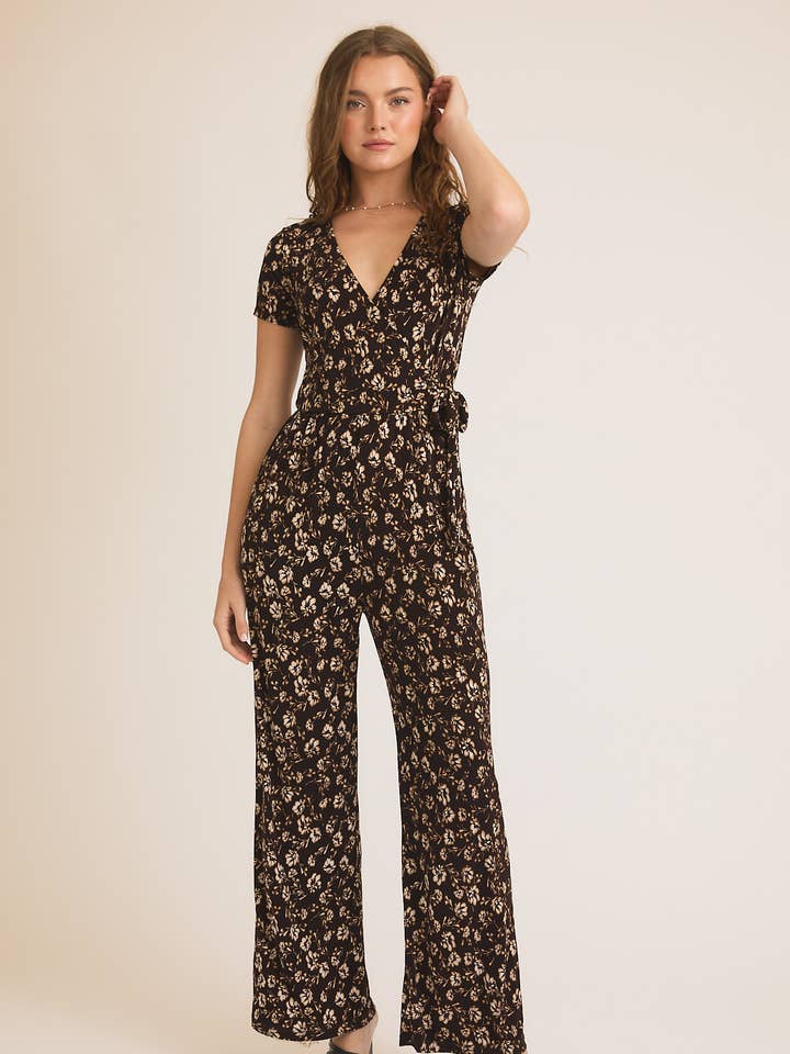 SHORT SLEEVE BELTED PRINT JUMPSUIT for wholesale by GILLI