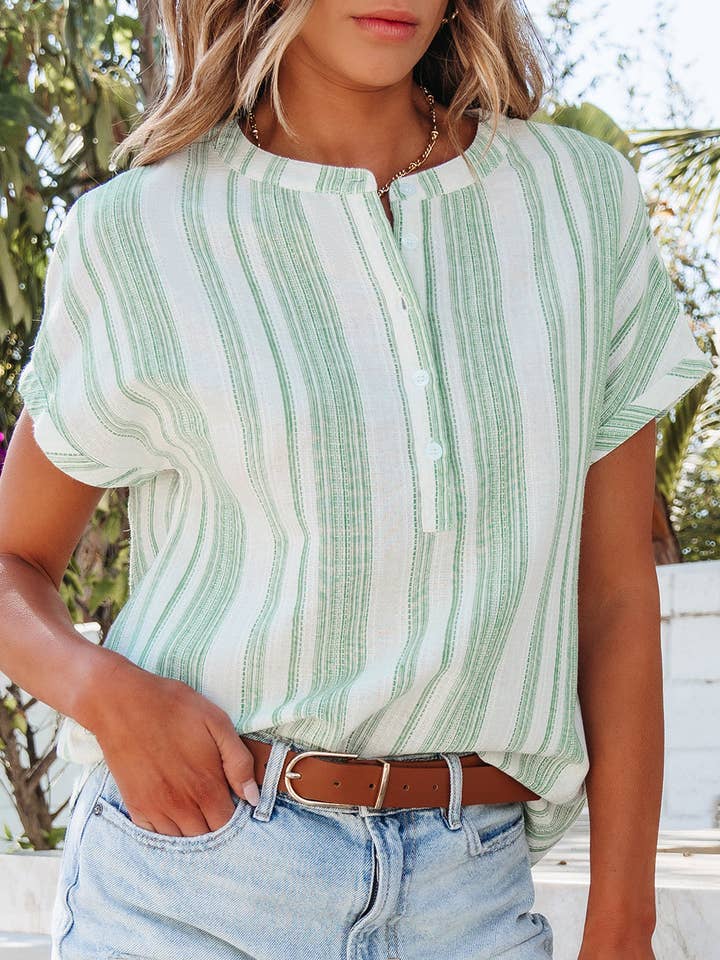 Green Breathable Gauze Half Button Short Sleeve Casual Blouse for wholesale by Sweet Lover Fashion