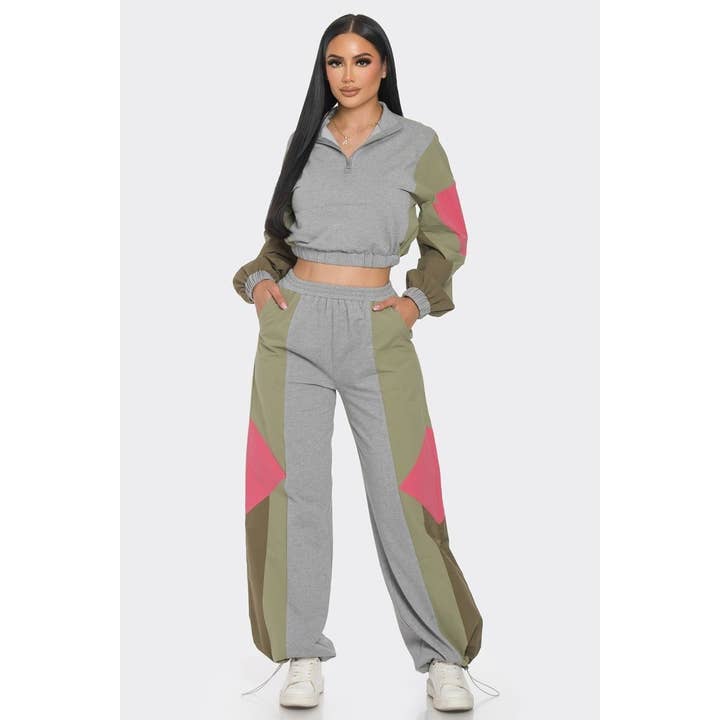 Esmeray Clothing - Wholesale Lounge Set - Women's - 80s Inspired Color Block Zip-Up Sweatsuit Set