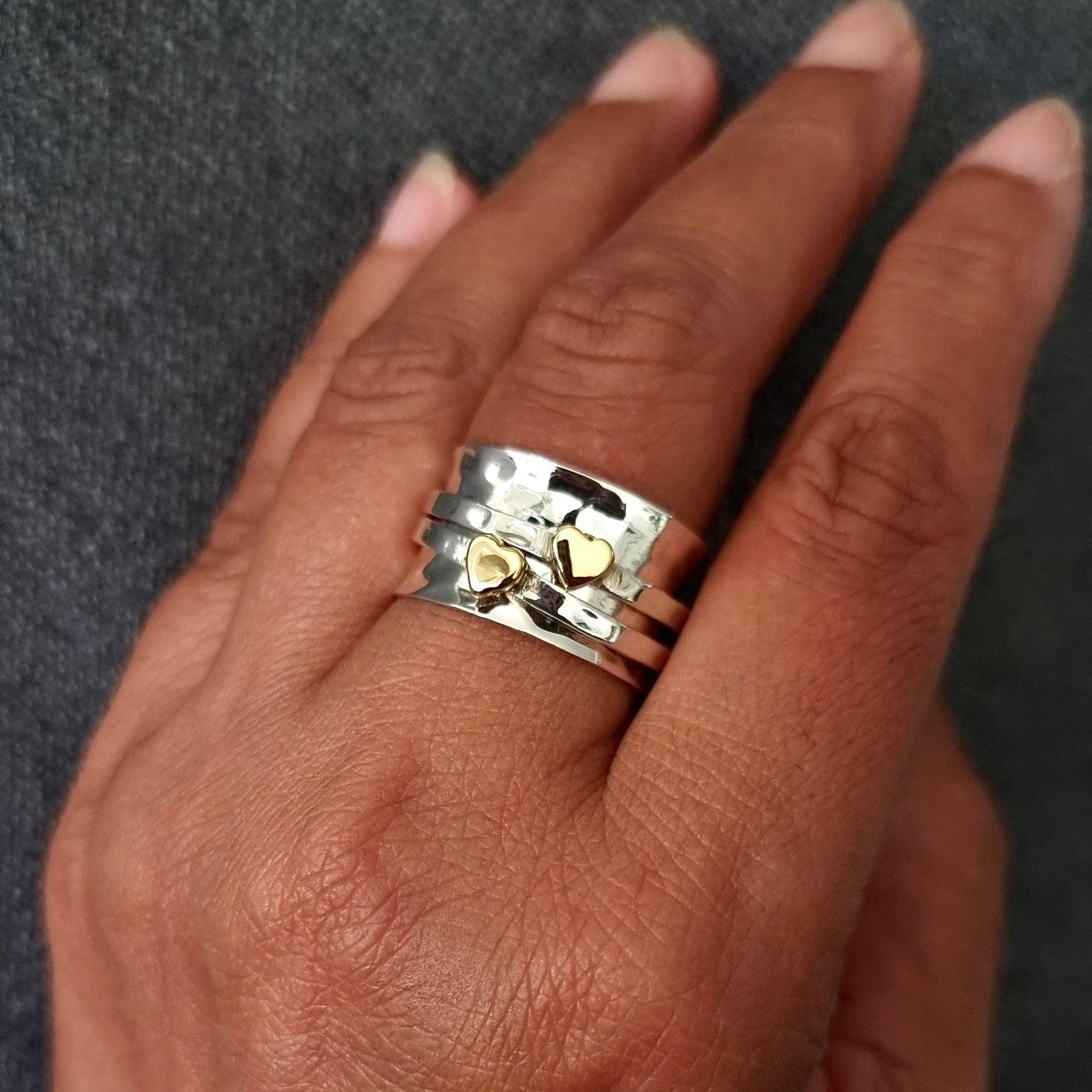 Mistry Gems – wholesale Band/stacked ring – Wide Gold Heart Spinner Ring | 925 Sterling Silver & Brass, SP055