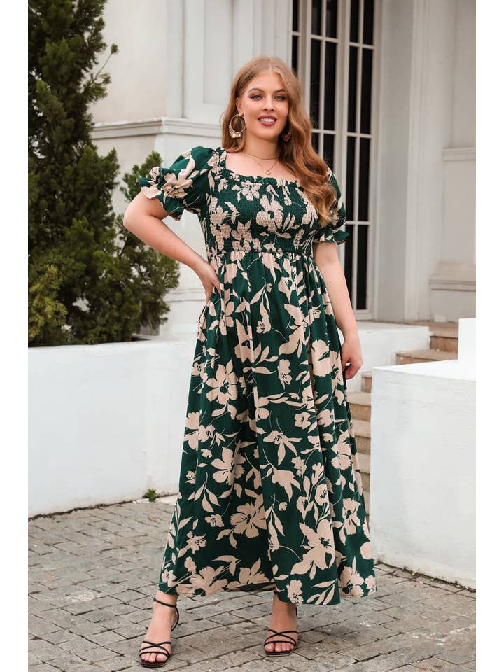 Suhkasana - Wholesale Dress - Women's - Womens Summer Puffy Short Sleeve Square Neck Smocked Tiered Ruffle Plus Size Dress