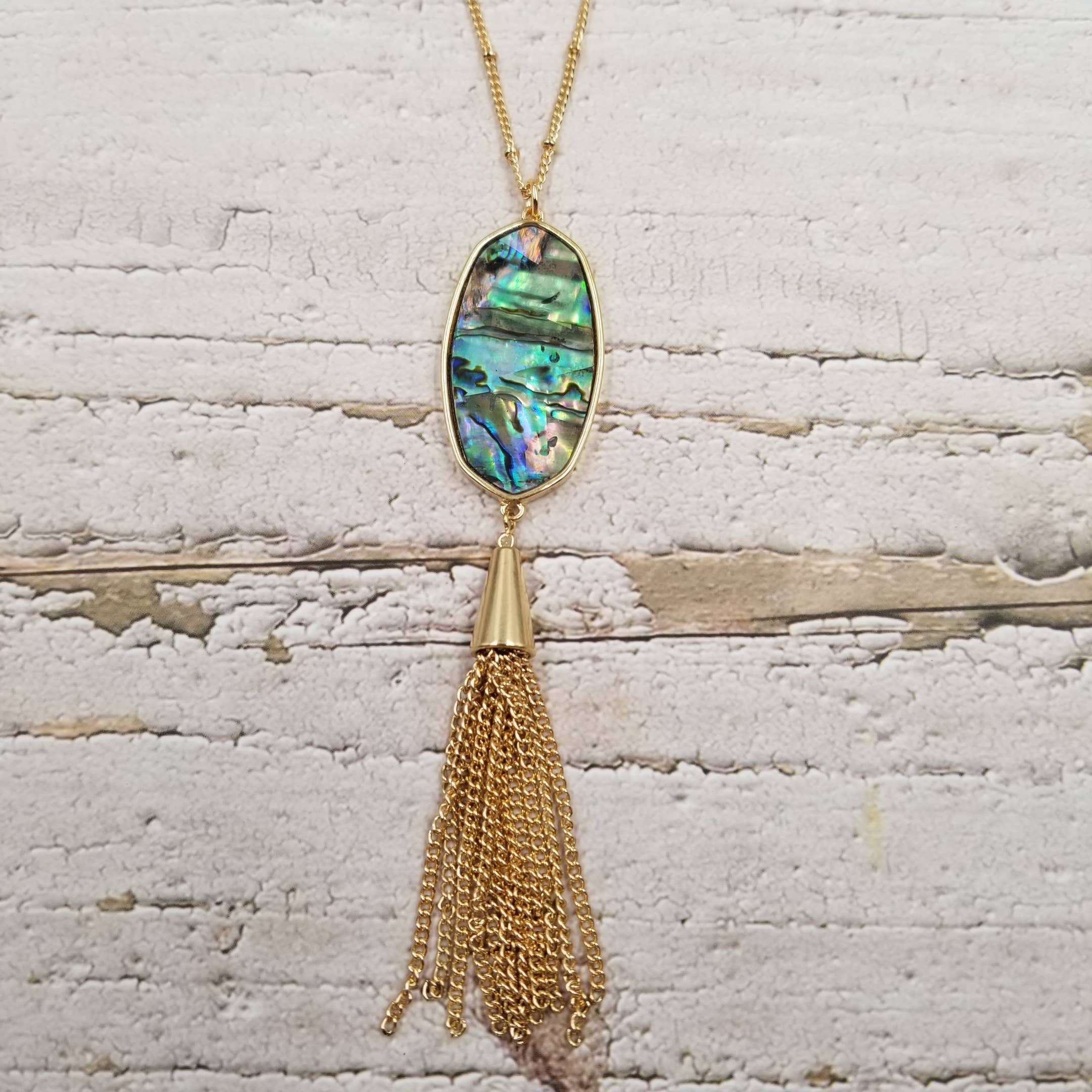Treasure Wholesale – wholesale Pendant/charm necklace – Handmade Leopard Abalone Shell Tassel Necklace1