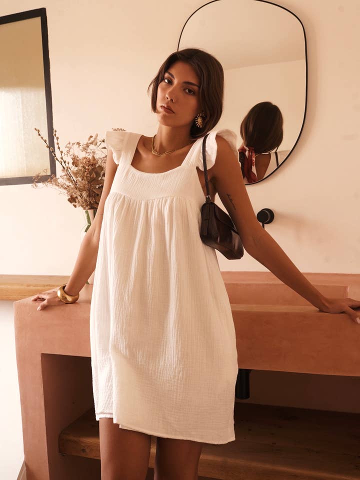 Short ruffled gauze off-shoulder dress R3991 for wholesale by IN APRIL 1986 - SAS IDK