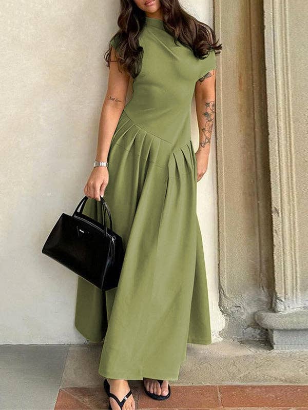 Sheer Trend - Wholesale Dress - Women's - Short Sleeves Asymmetric Pleated Solid Color One-Shoulder Midi Dresses4