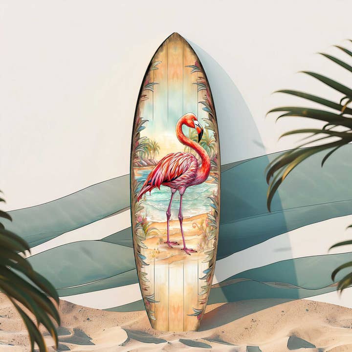 Pink Flamingo Surfboard Wall Art Coastal Decor UV-Protected for wholesale by Designocracy
