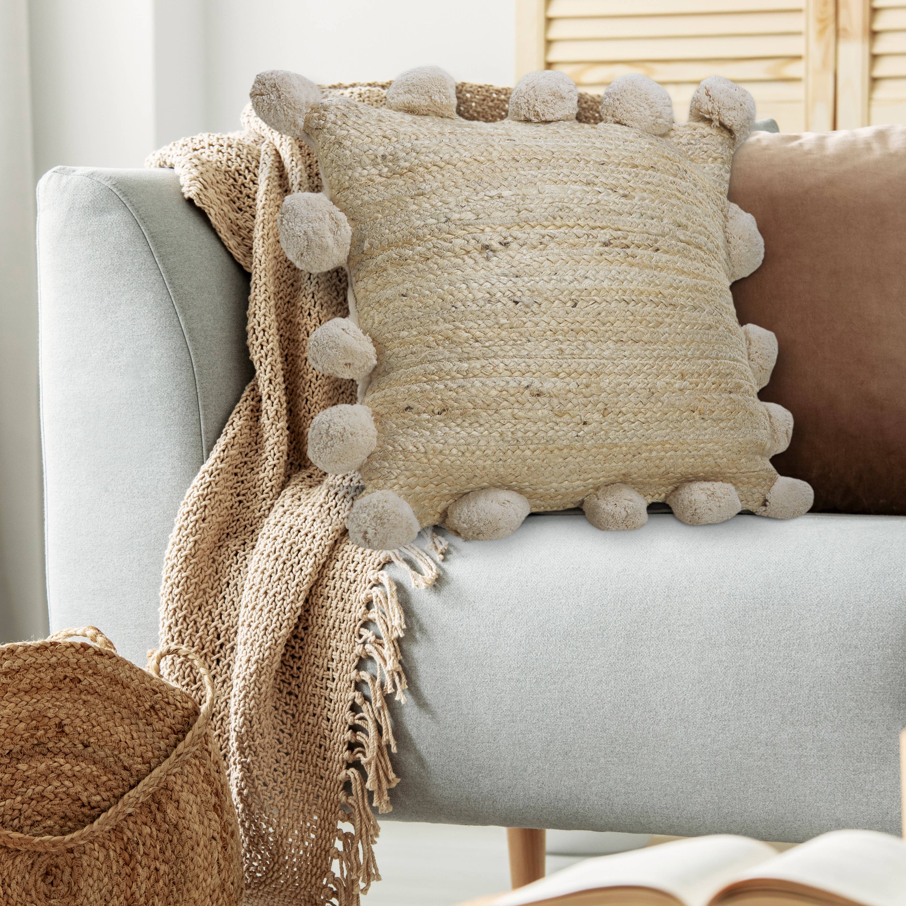 Tan Jute Accent Pillow with Pom-Pom Edging – Square or Round for wholesale on Faire4