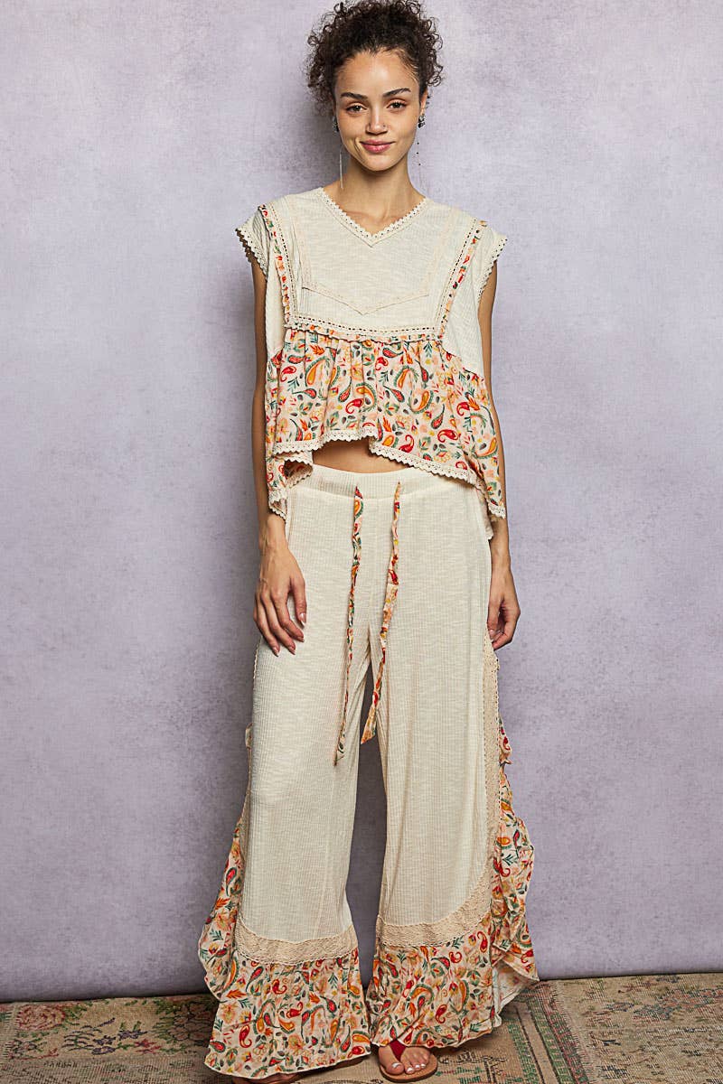 Pol Clothing - Wholesale Pants - Women's - Floral Pattern Ruffle Detail Ribbed Knit Pants24