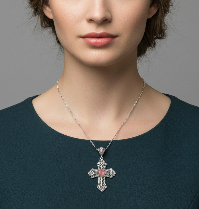 Filigranist Jewelry – wholesale Pendant/charm necklace – Sterling Silver Filigree Art Multi Gemstone Cross Necklace15