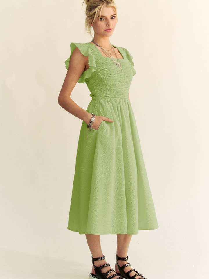 Davi & Dani – wholesale Dress – Women's – TEXTURED RUFFLE CAP SLEEVE SMOCKED MIDI DRESS18