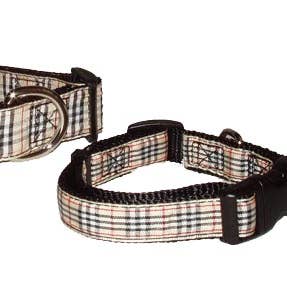 Dog Collar-Ribbon Tailored Tan/Black Plaid for wholesale by A Pet's World