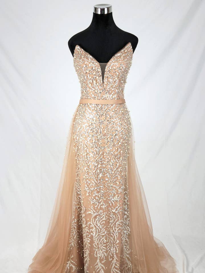 Long sequin and pearl dress with detachable cape C839 for wholesale by Chicas